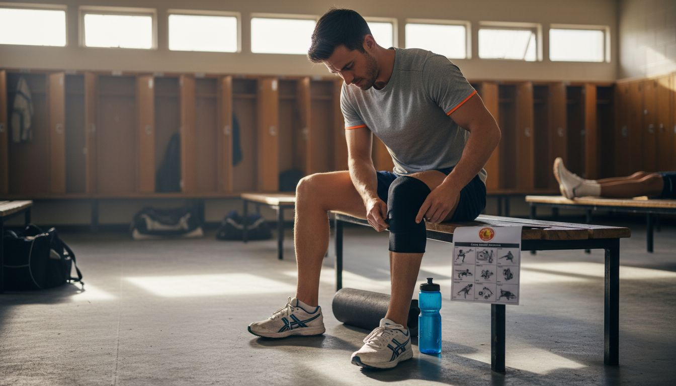 Athlete adjusting brace, rehab items visible