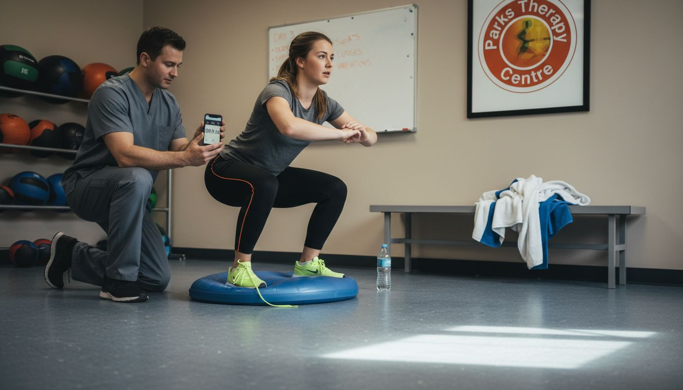 Athlete doing supervised rehab squats on balance pad