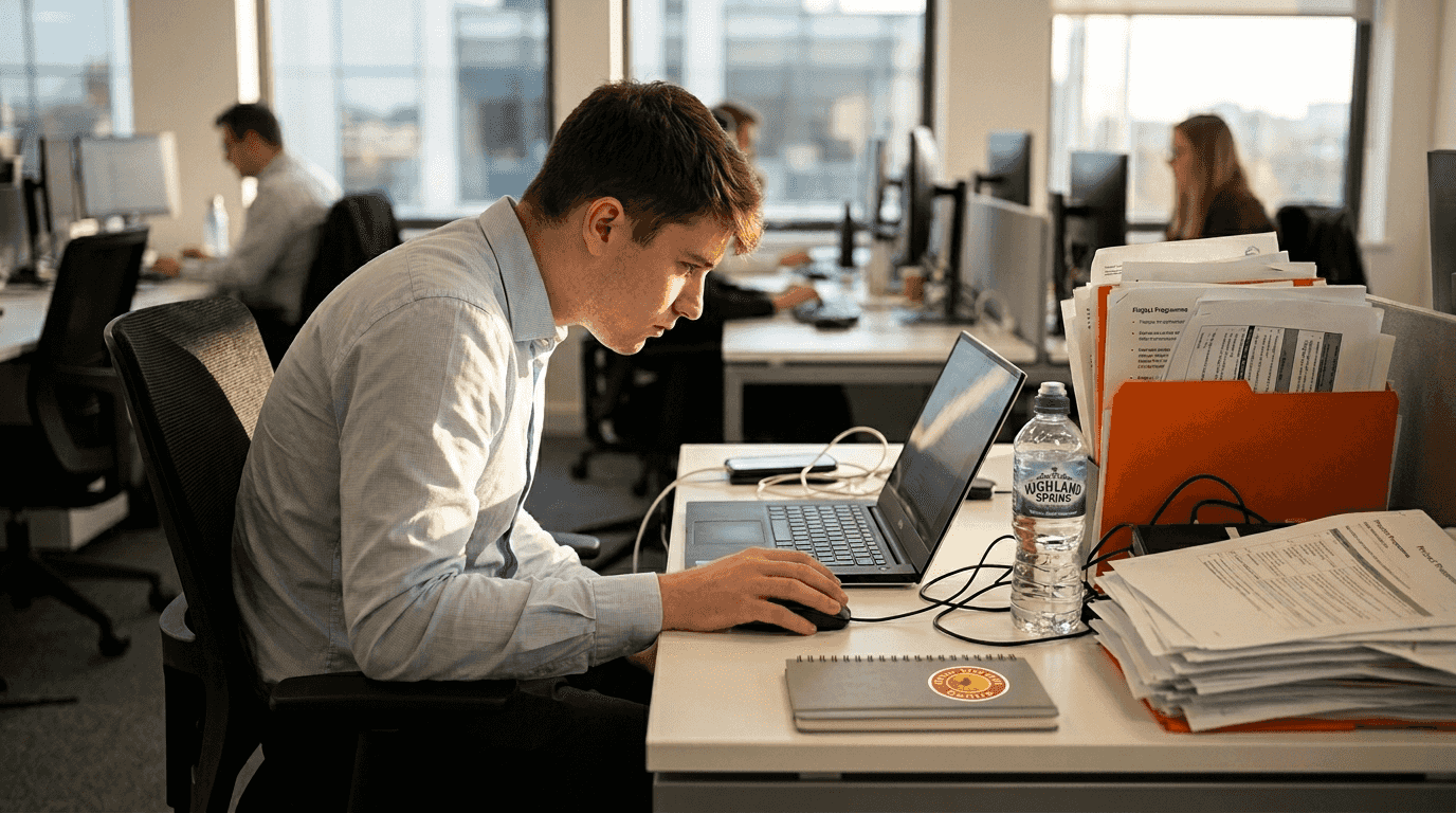 Worker with poor posture at cluttered desk