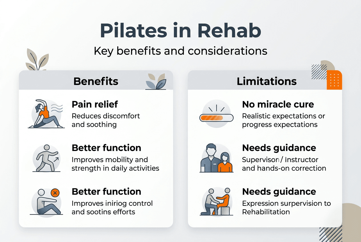 Infographic showing Pilates benefits and limitations