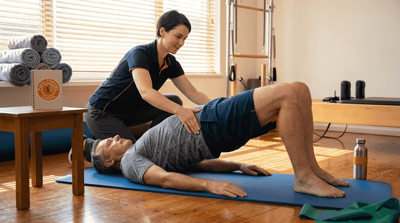 Physiotherapist helping patient with Pilates bridge