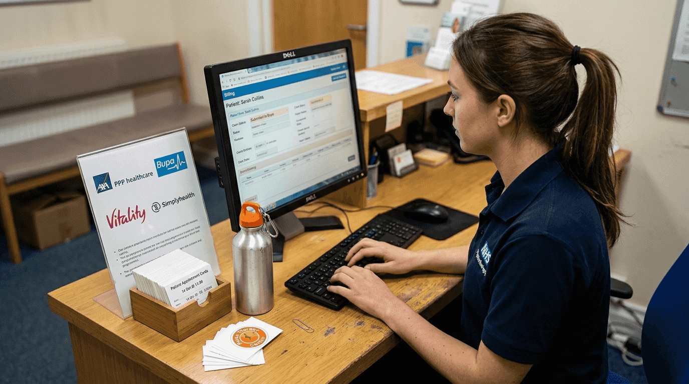 Receptionist processes insurance billing at clinic desk