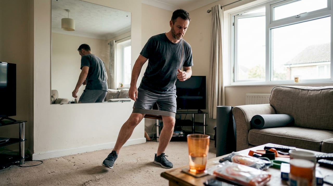 Man doing lateral band hip exercise indoors