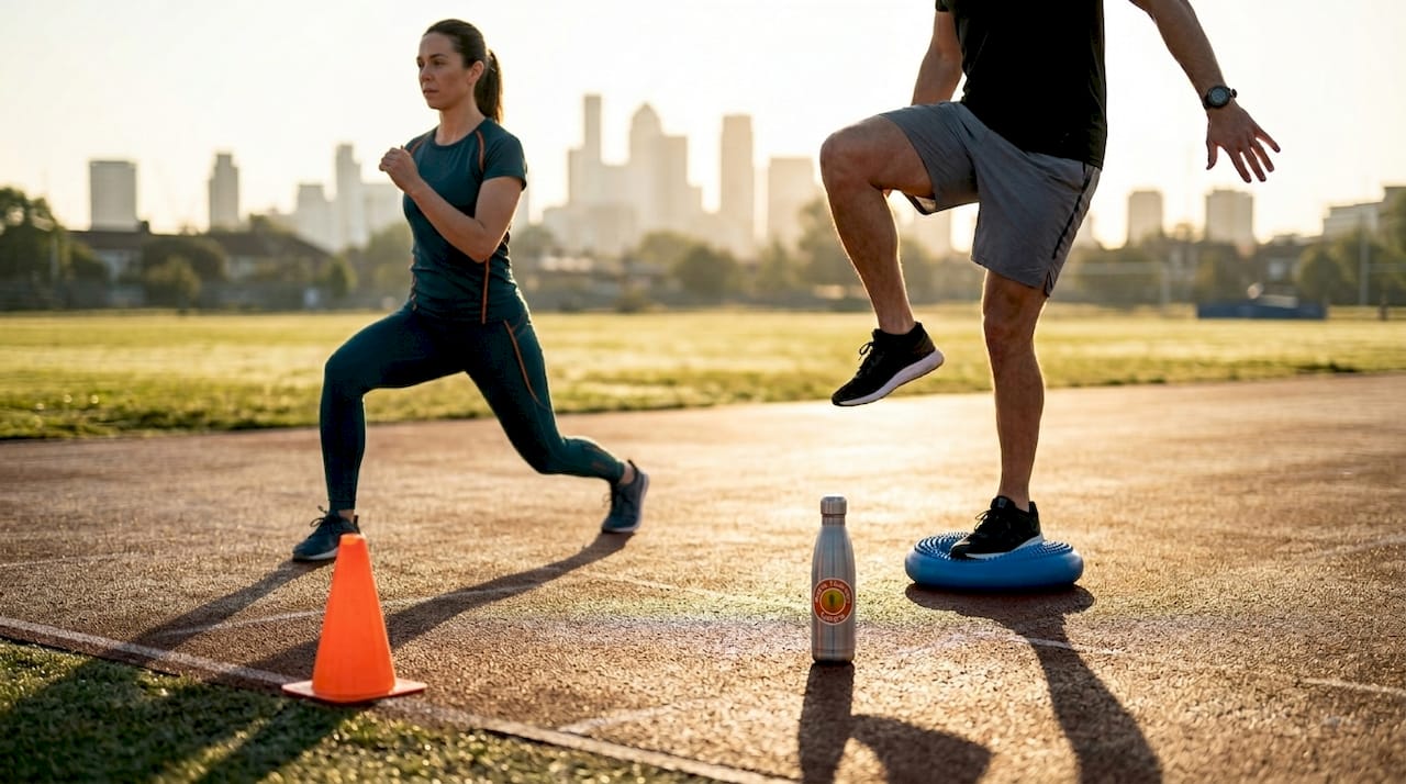 Adults doing knee warmup at city track