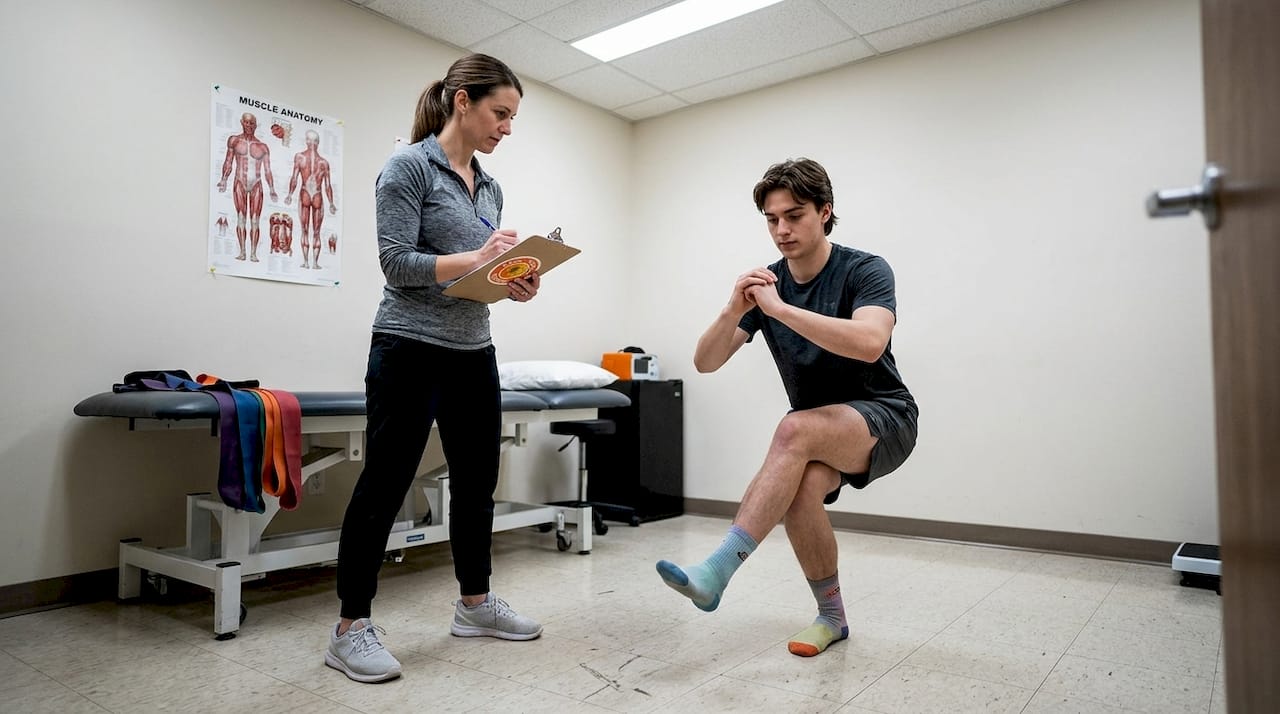 Physiotherapist observing injury prevention assessment