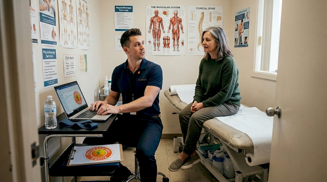 Physiotherapist consulting with patient in clinic