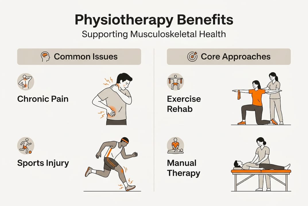 Infographic summarizing physiotherapy benefits and methods