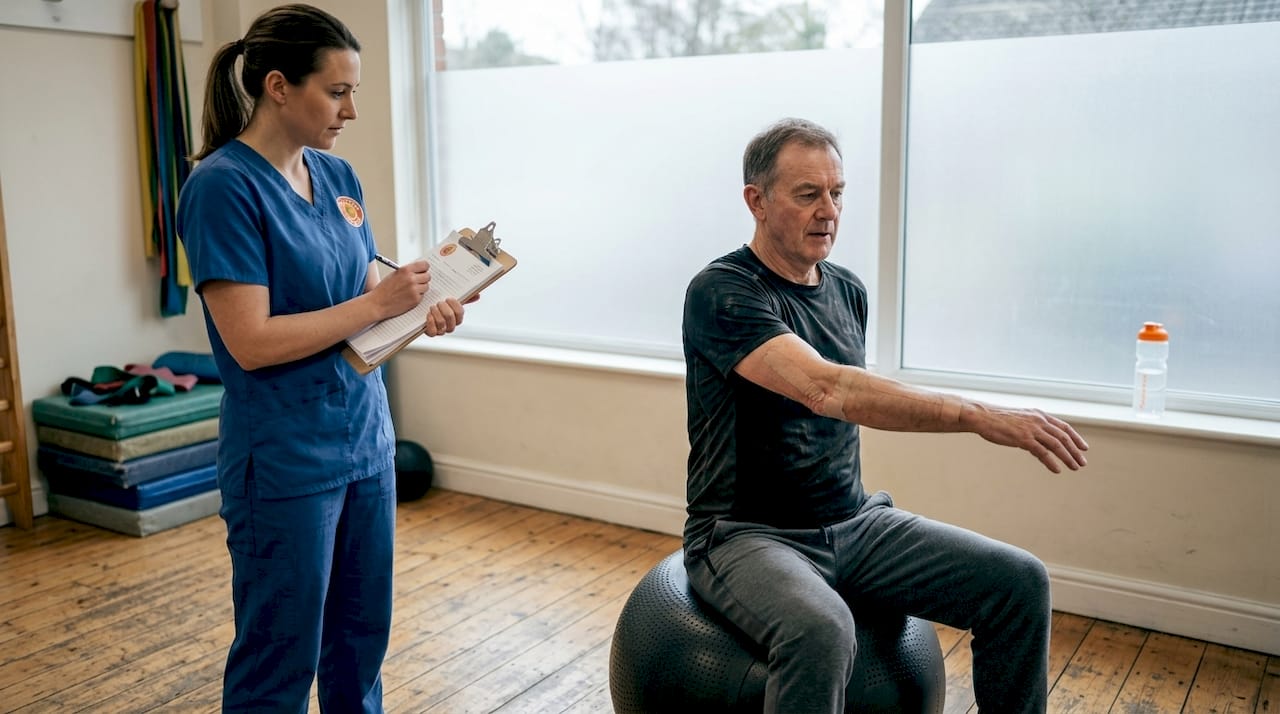 Patient doing stretch with physiotherapist observing