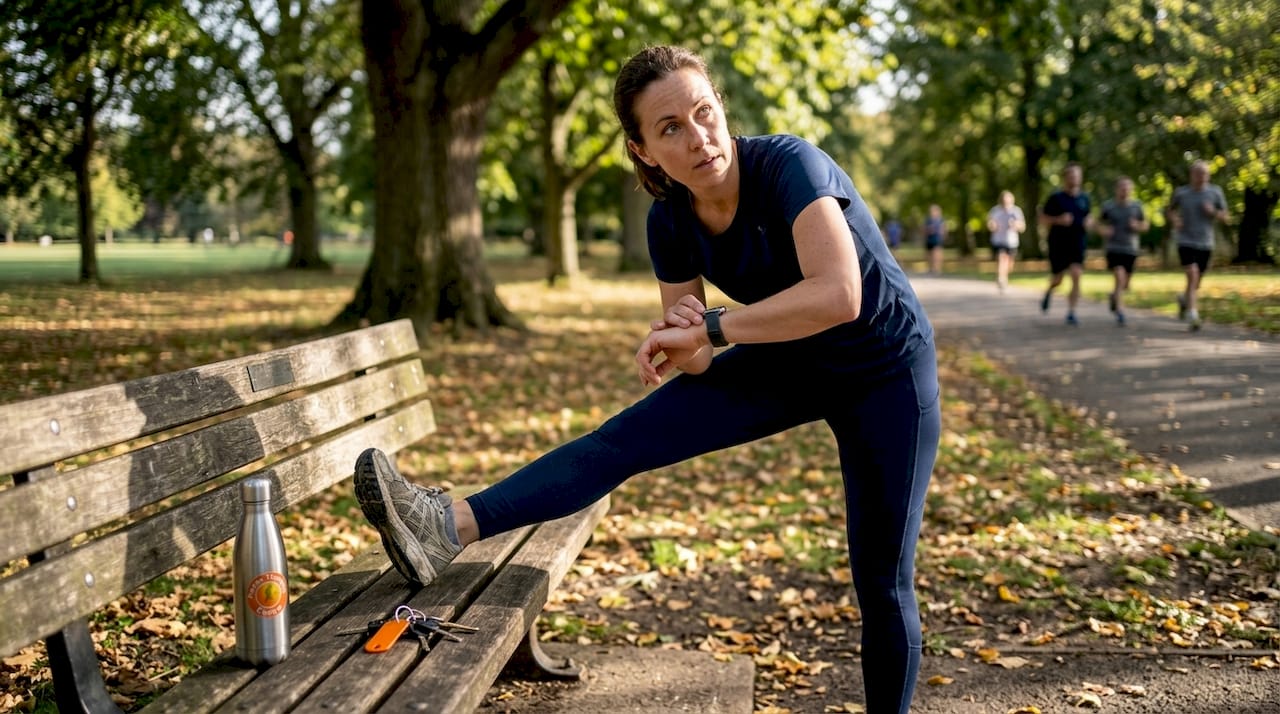 Woman stretching on park bench before exercise