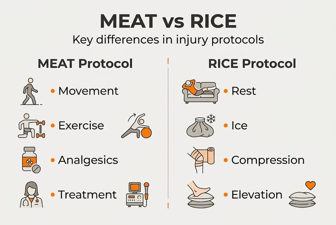 Infographic contrasting MEAT and RICE protocols