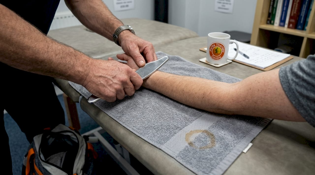 Hands using IASTM tool during manual therapy