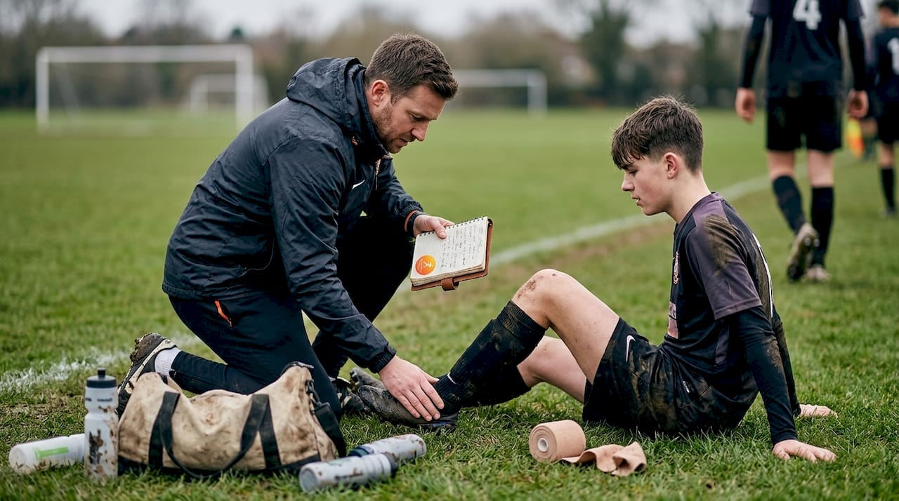 Trainer assessing soccer player’s ankle on field