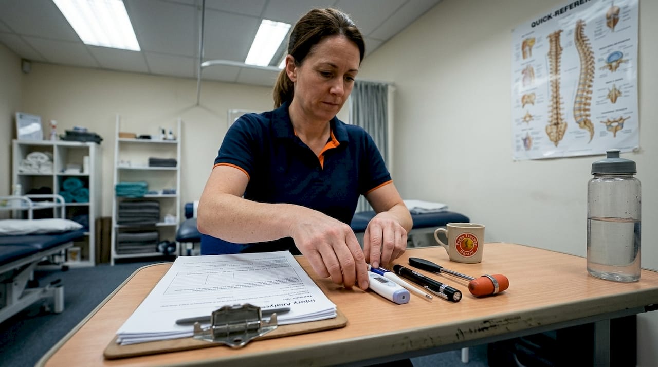 Therapist preparing sports injury assessment tools