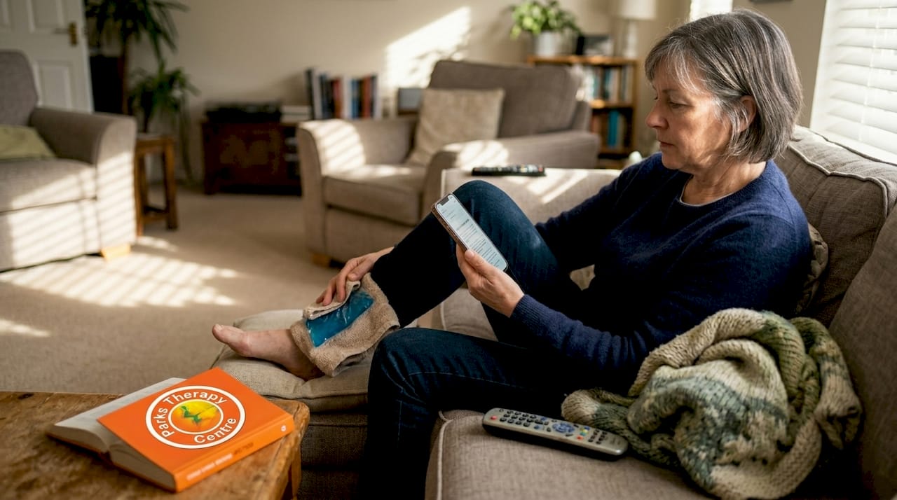 Woman icing ankle for injury recovery