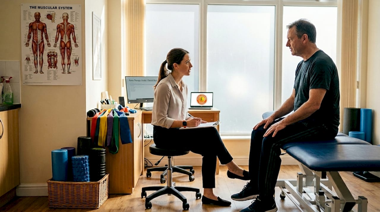 Physiotherapist consulting patient in clinic room