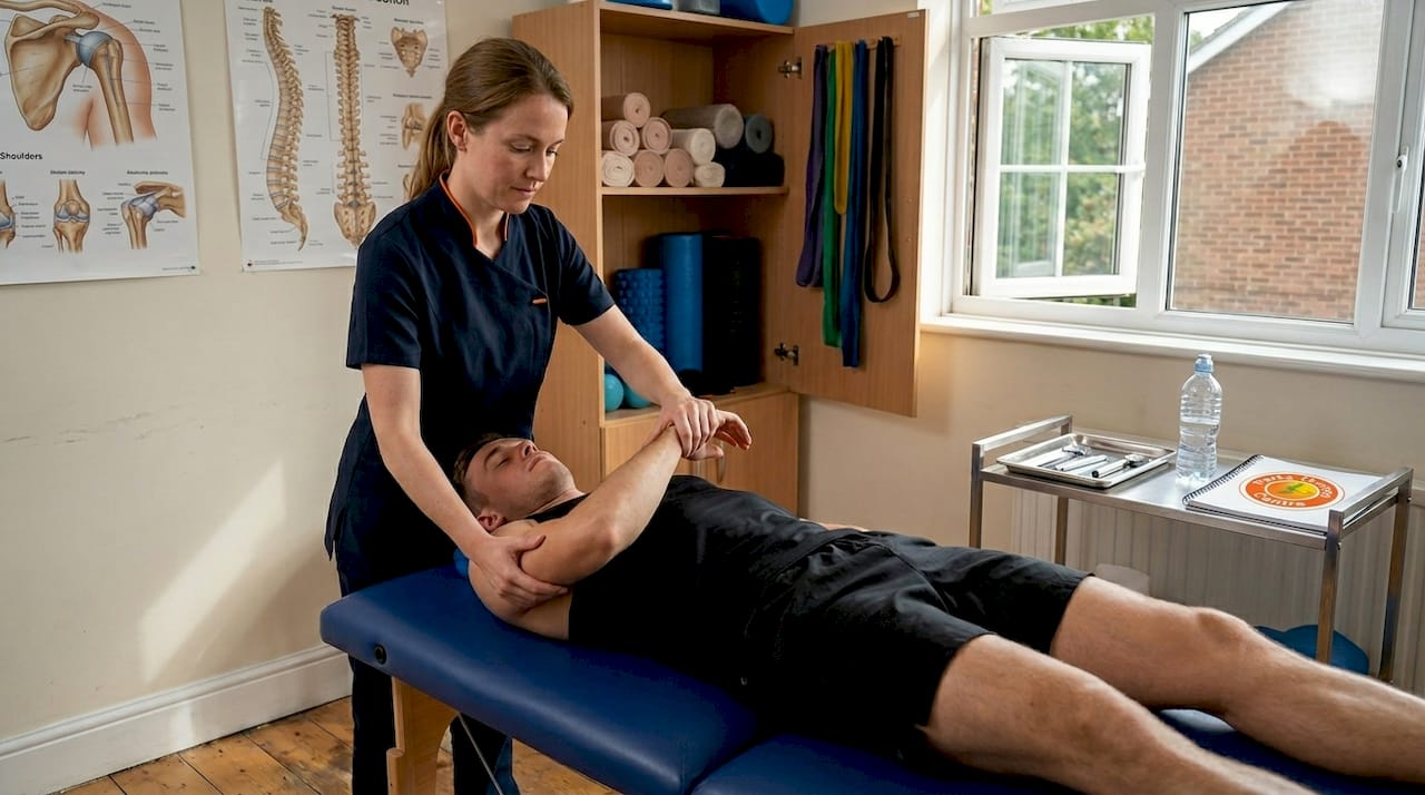Therapist working with athlete in clinic