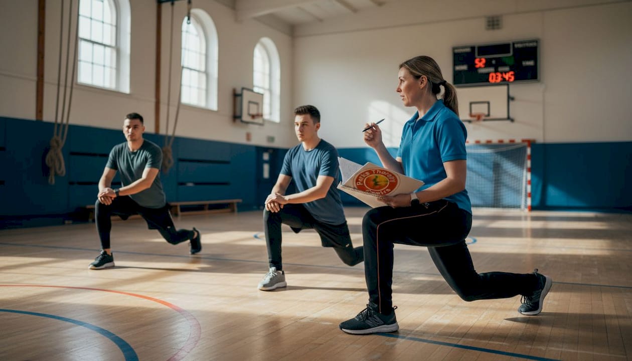 Physical therapist instructs sports injury prevention