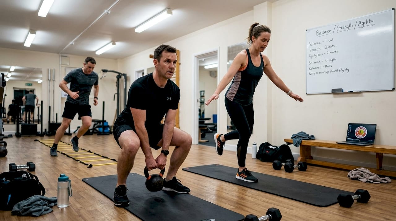 Group athletes demonstrate injury prevention exercises