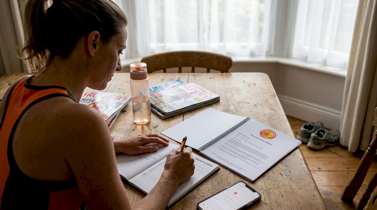 Athlete logging training in kitchen setting