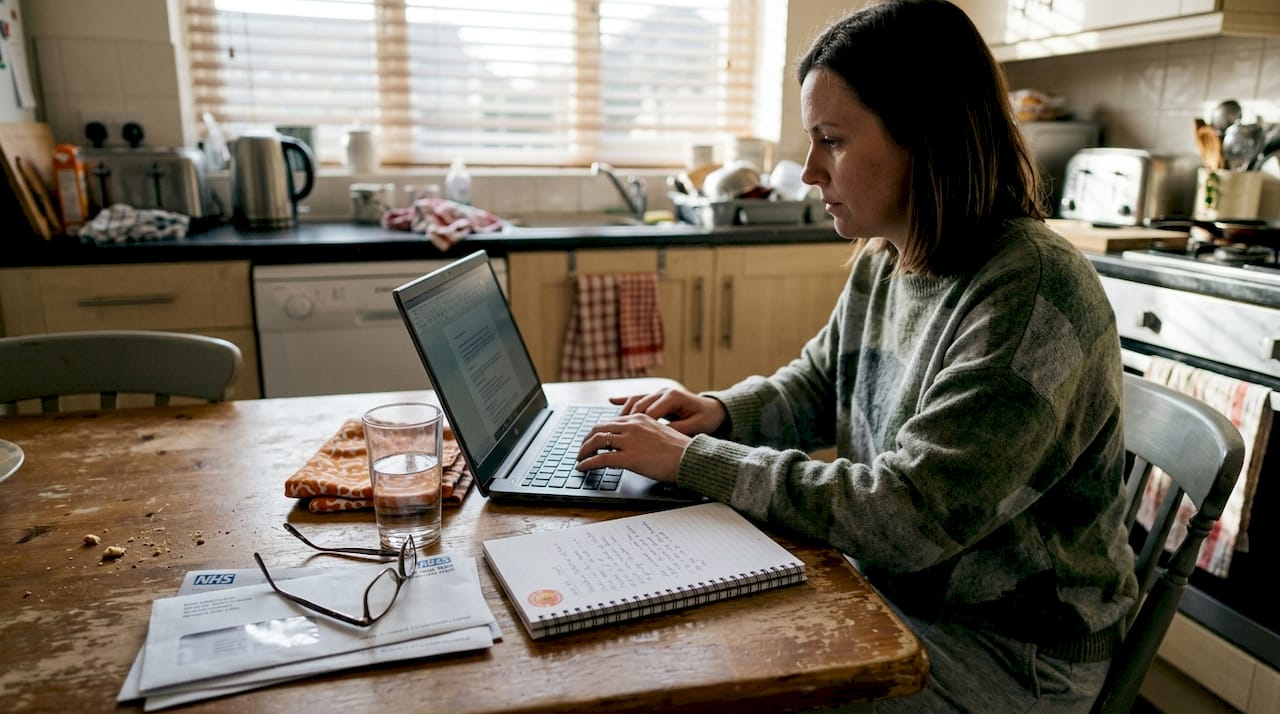 Woman booking physiotherapy online at kitchen table