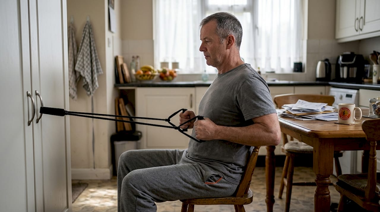 Man doing band row exercise in kitchen chair