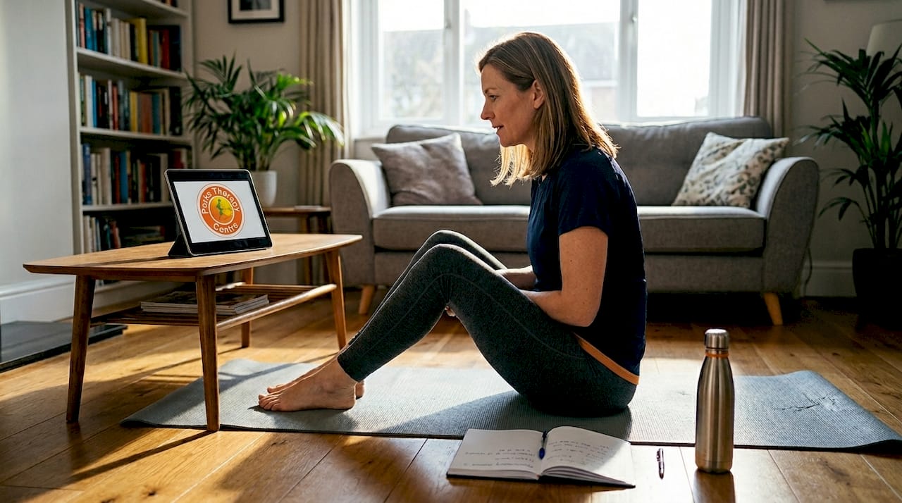 Woman doing physiotherapy exercises with video in living room