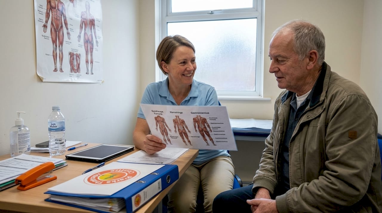 Physiotherapist discussing pain treatment with patient