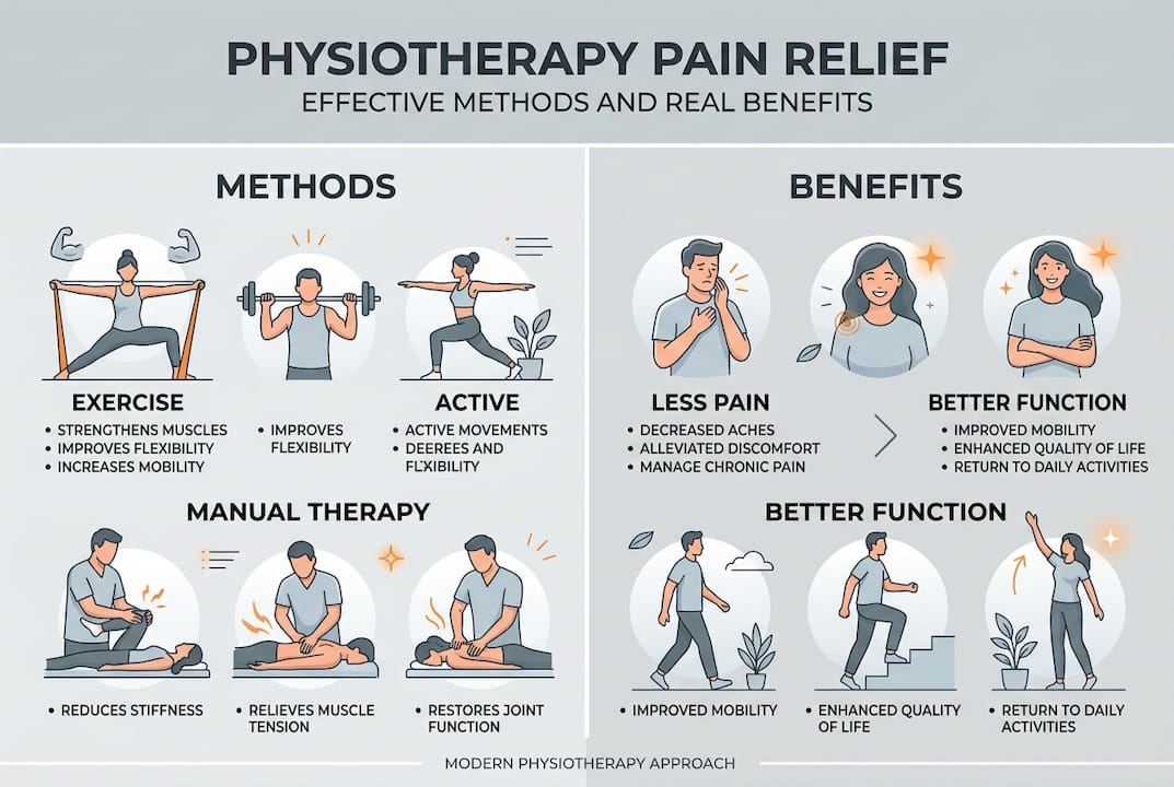 Infographic summarizing physiotherapy pain relief methods