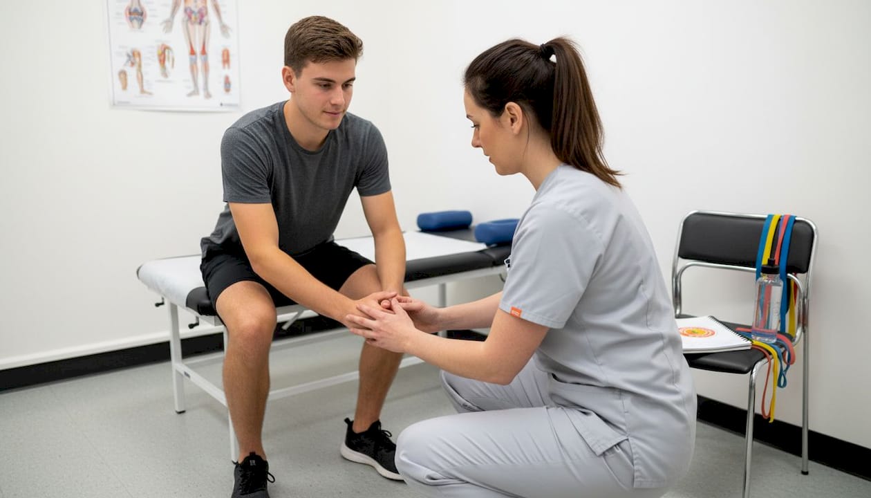Physiotherapist assessing athlete’s knee stability