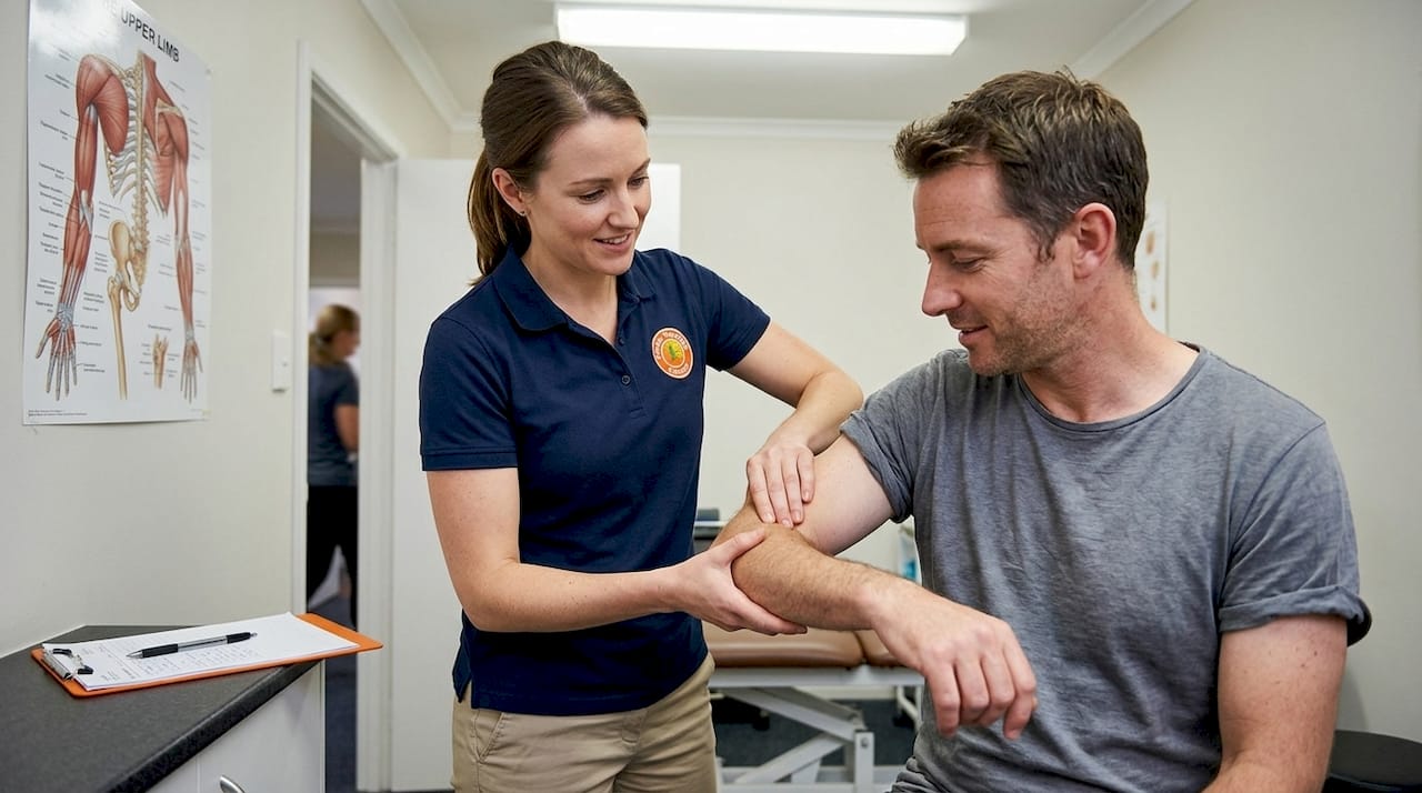 Physiotherapist examines patient’s elbow in clinic