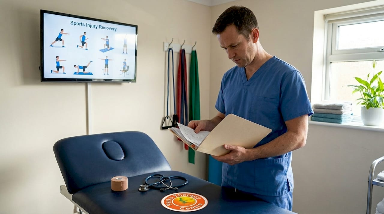 Physiotherapist reading patient file at clinic