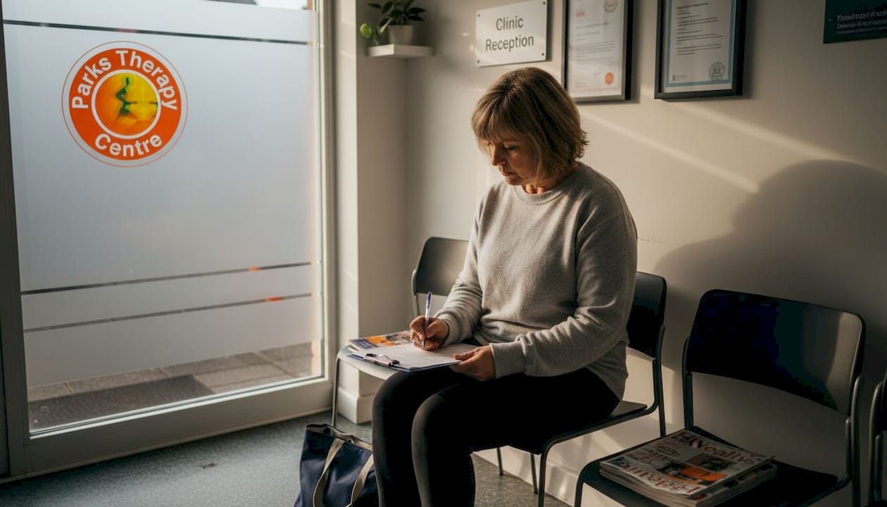 Woman completing forms in clinic waiting room
