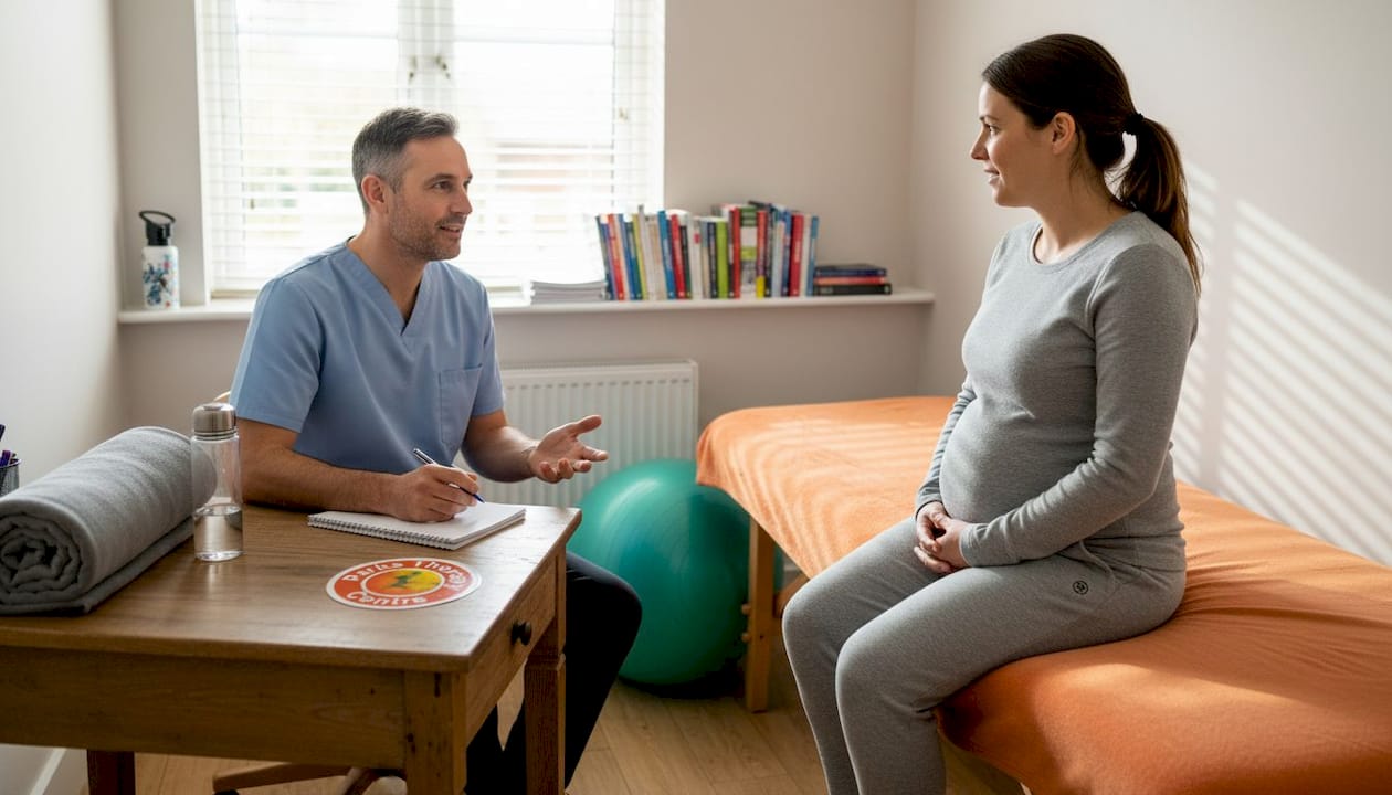 Pregnant woman consulting with physiotherapist