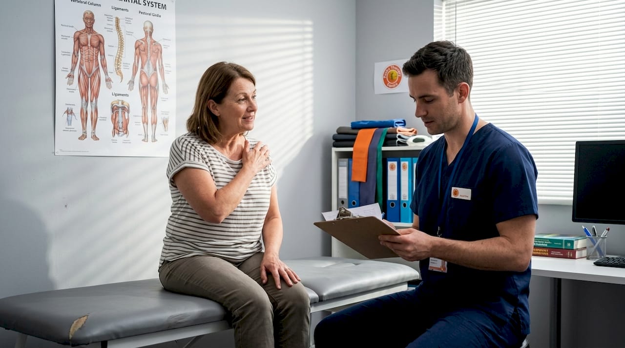 Physiotherapist consults with patient in clinic room