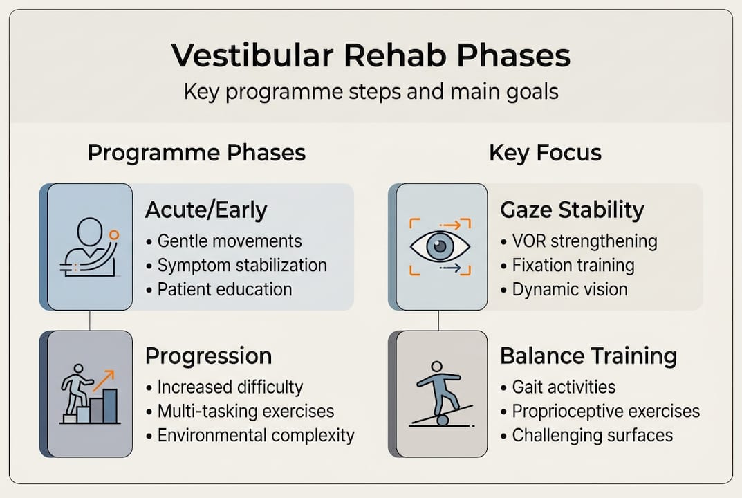 Infographic showing vestibular rehab phases and focus