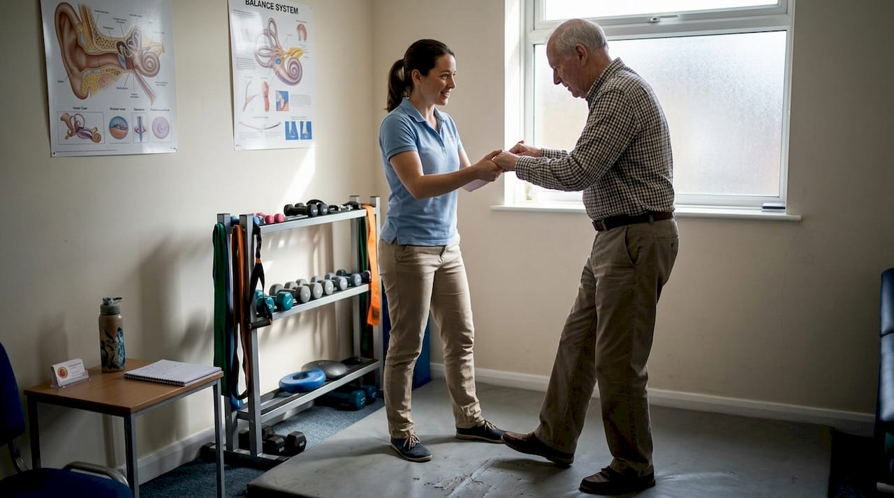 Therapist guides patient through balance exercise