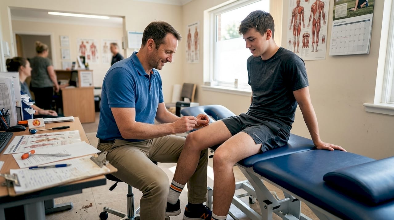 Acupuncturist treating athlete in clinic setting