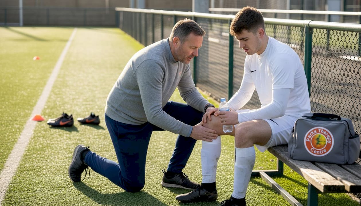 Coach checking player for sports injury
