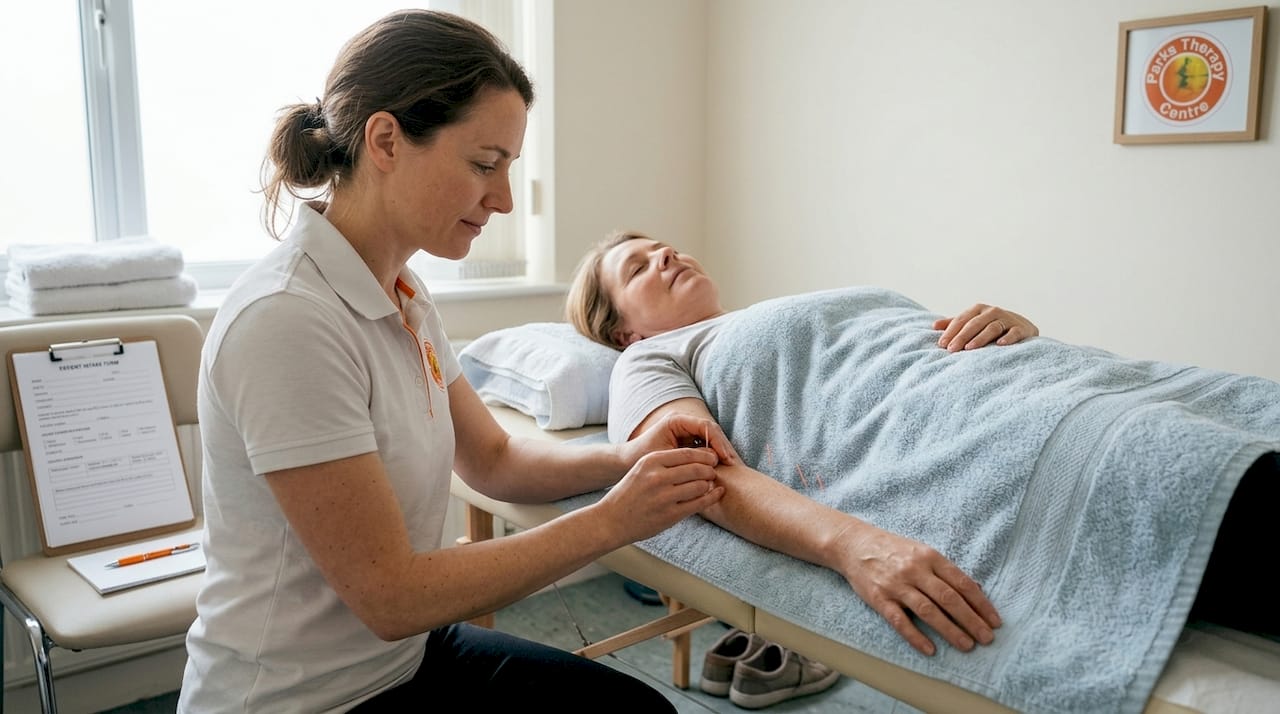 Practitioner placing acupuncture needles during real session