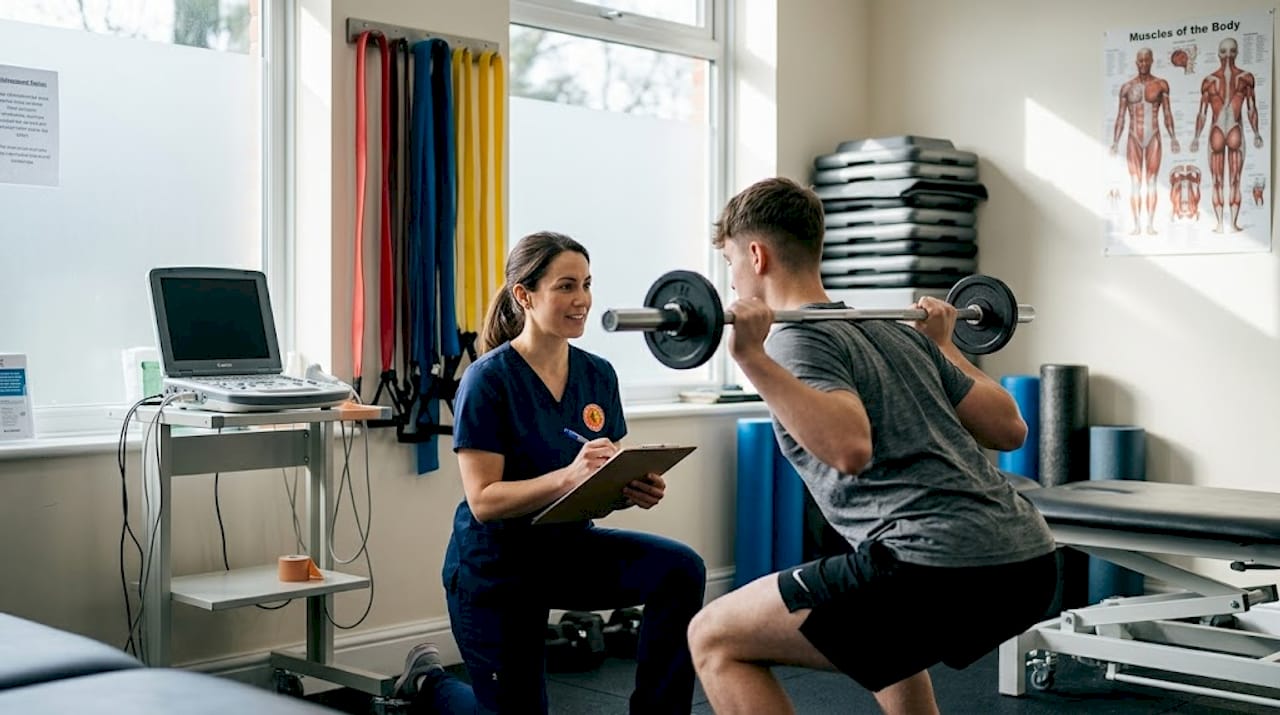 Physiotherapist observing athlete movement assessment