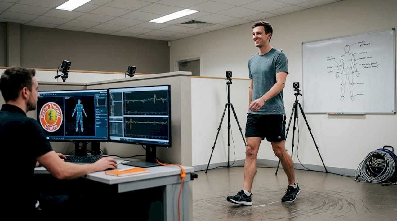Athlete in biomechanics lab motion tracking
