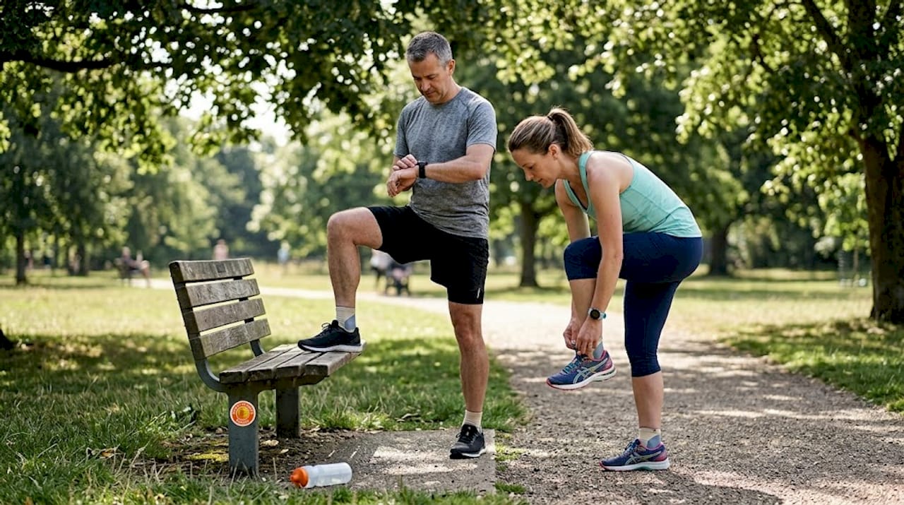 Adults preparing for run in park
