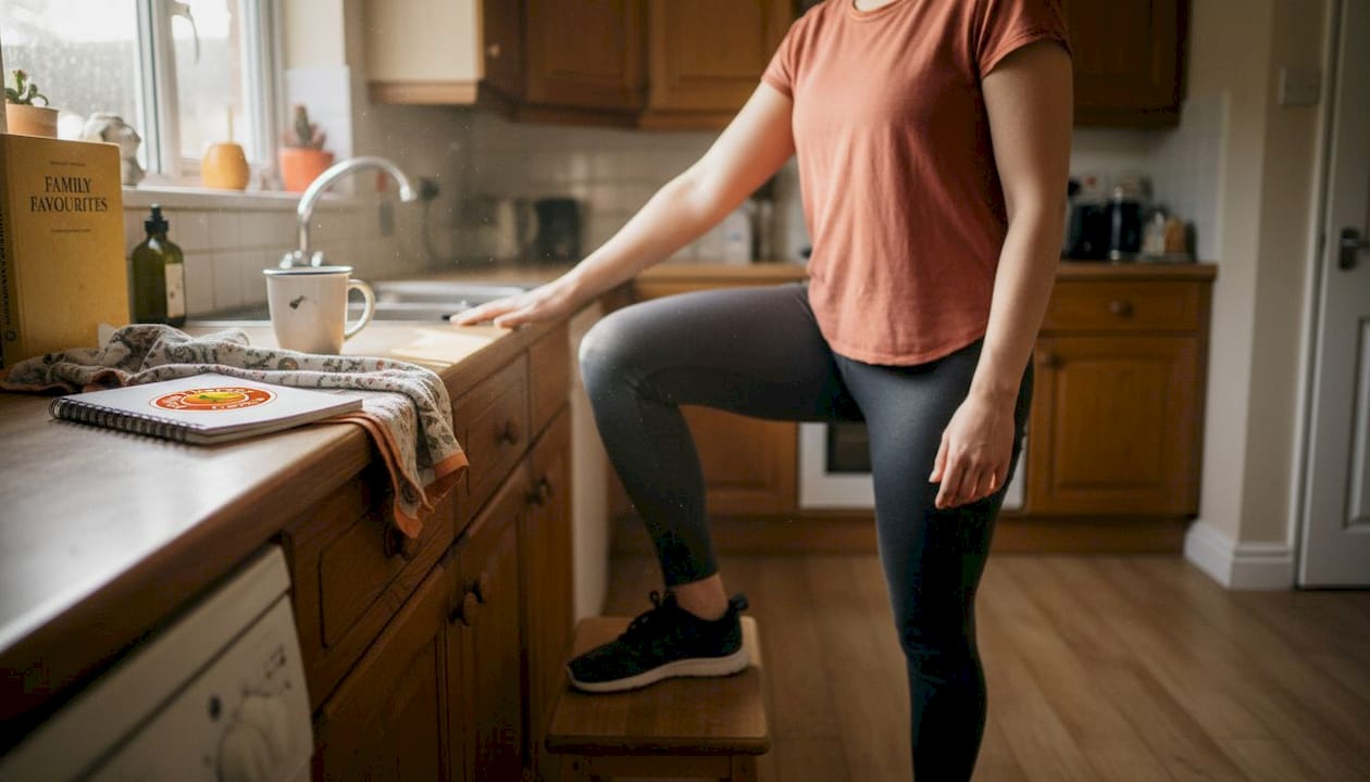 Woman performing heel raises at home