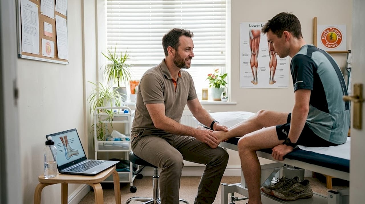 Physiotherapist examining patient’s Achilles tendon