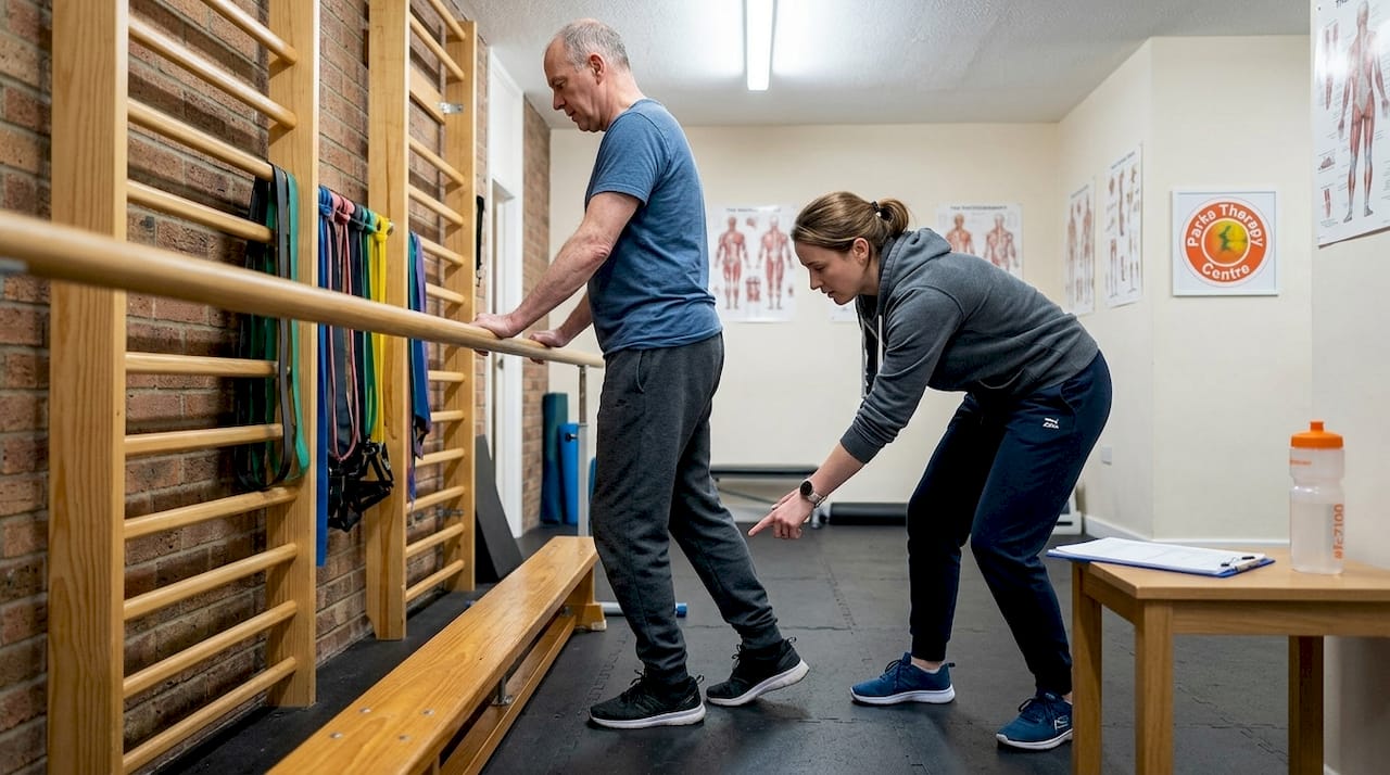 Therapist guiding patient through heel raises