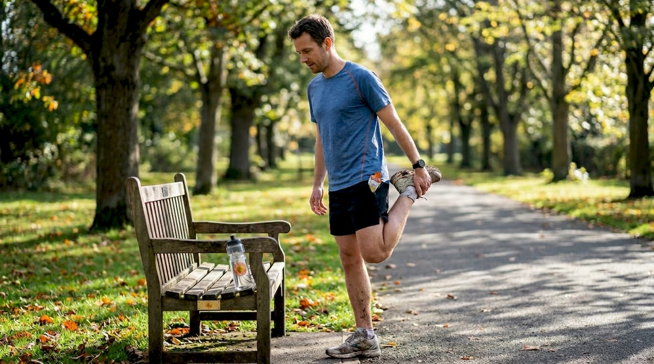 Runner stretching thigh after run in park