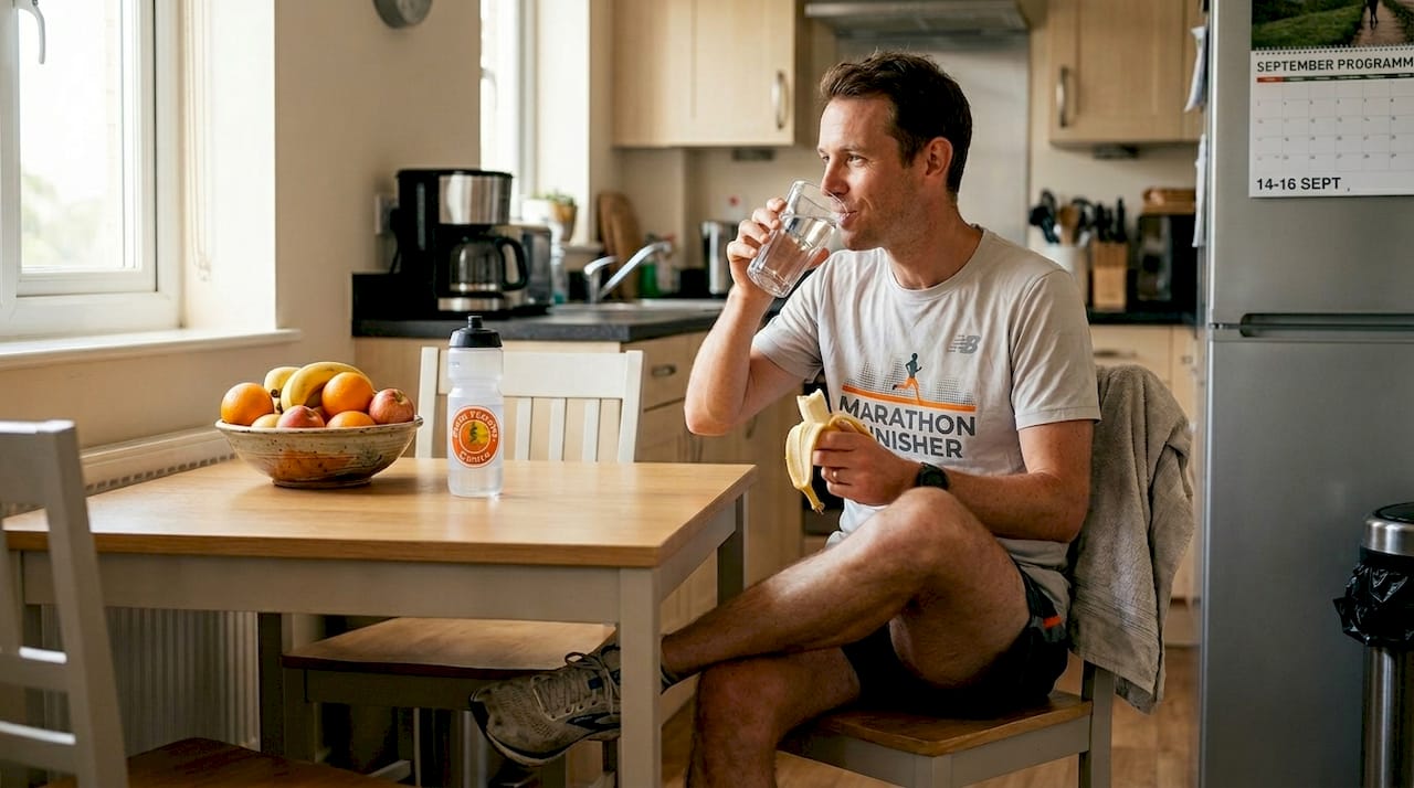 Marathon runner eating recovery meal