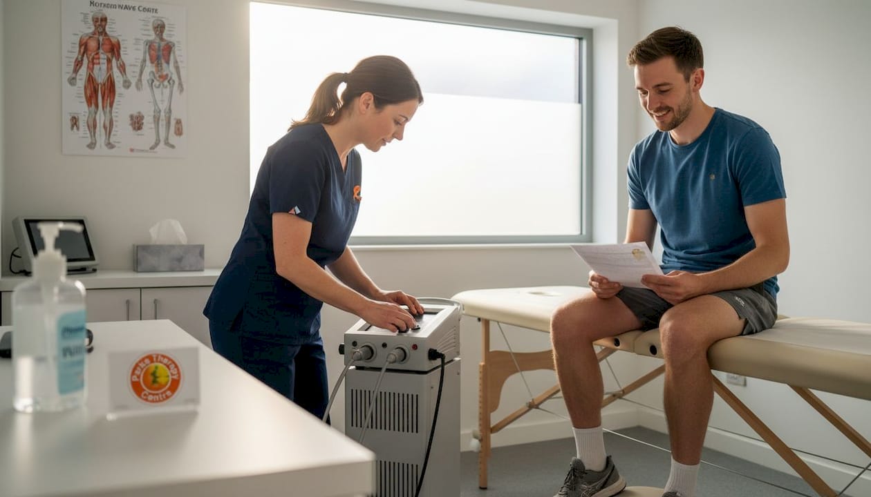 Therapist preparing shockwave machine in clinic room