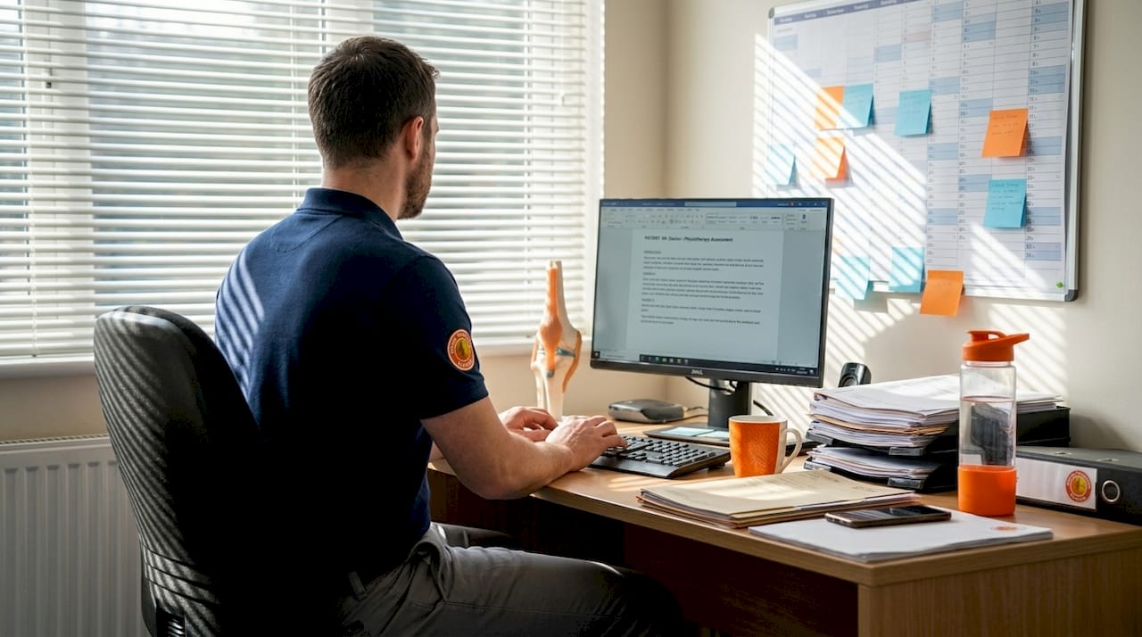 Physiotherapist taking patient notes in clinic office