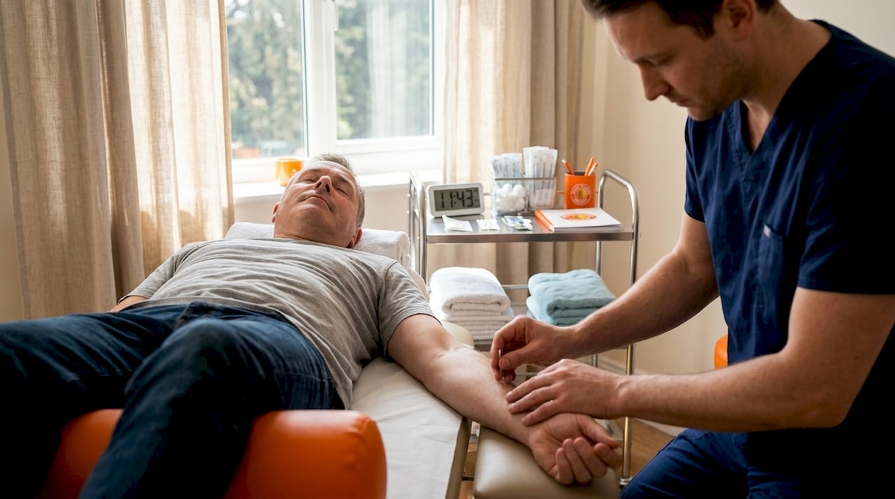 Acupuncturist prepares needle during pain management session